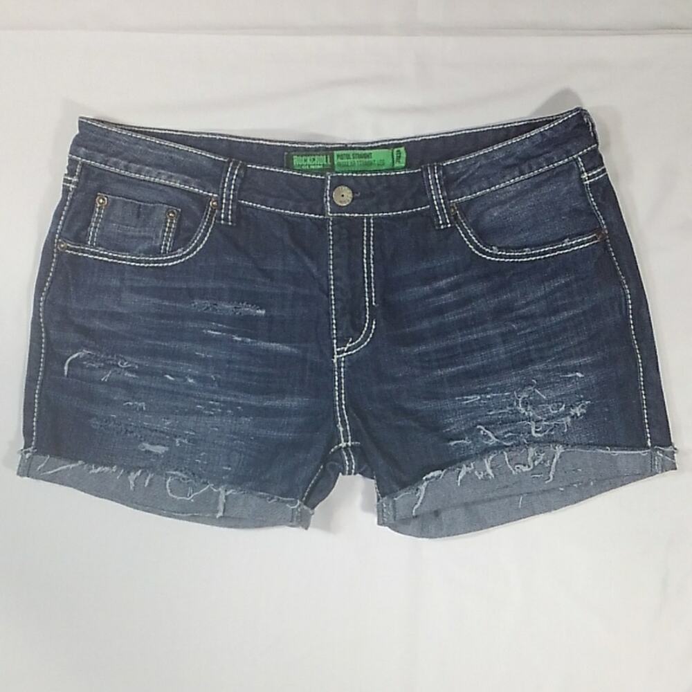 Rock & Roll Denim Pistol Straight Distressed Denim Jean Shorts with Cuffs Sz 38